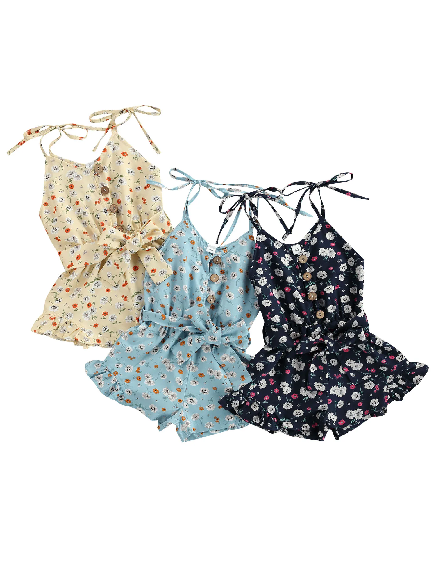 

Детская Цветочный принт Ромпер Для слинга с оборками без рукавов для маленьких девочек с v-образным вырезом, короткий комбинезон с поясом по...