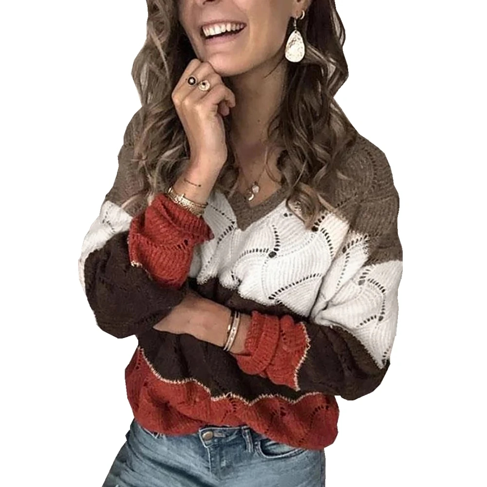 

Fashion Women Autumn Winter Sweaters Hollow Out Design V-Neck Long Sleeve Patchwork Casual Loose Knitted Top свитер женский