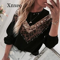 black vintage sweaters women leopard patchwork blouses casual knitwear long sleeve round neck knitted sweater sequins