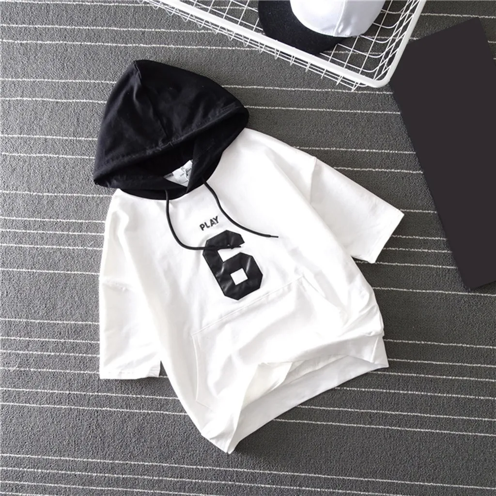 Женская футболка Летняя с капюшоном плюшевая Вышивка Половина рукава свитер для