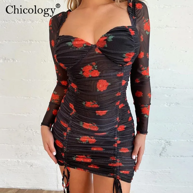 Chicology цветочек цветочным ruched сетка сеткой длинным рукавом Лонгслив мини платье