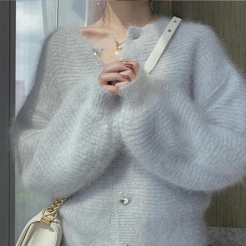 Осенний вязаный Пушистый кардиган свитер женский корейский стиль белые