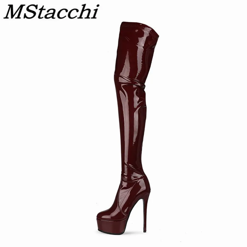 

Mstacchi Patent Leather Thin Heels Women Over-the-knee Boots Platform Solid Color Plush Round Toe Fashion Madam Shoes High Heels