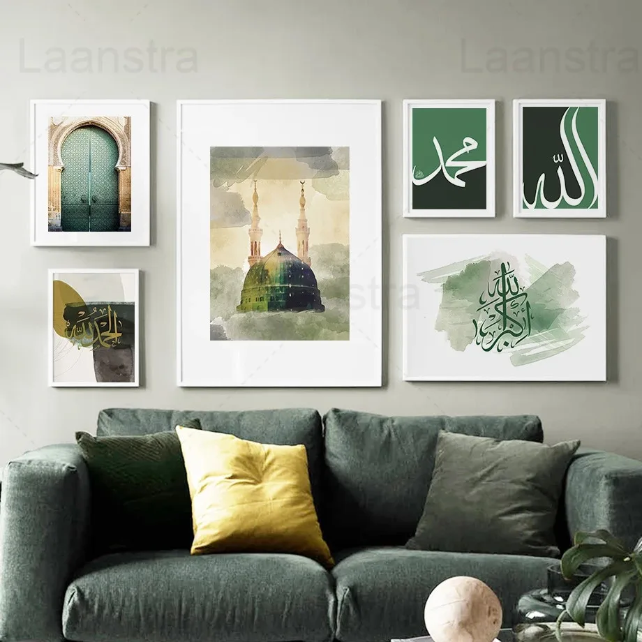

Wall Art Canvas Painting Green Arab Mosque East Gate Scripture Nordic Posters and Prints Wall Pictures for Living Room Decor