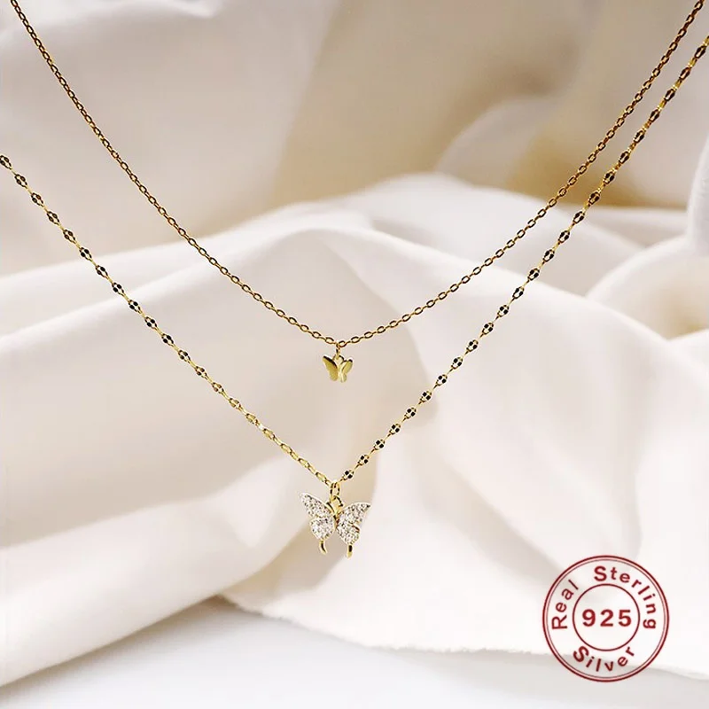 

Butterfly Pendant 925 Sterling Silver Double Layer Necklace Shiny Zircon Fashion Choker Fine Jewelry Sell Well Accessories