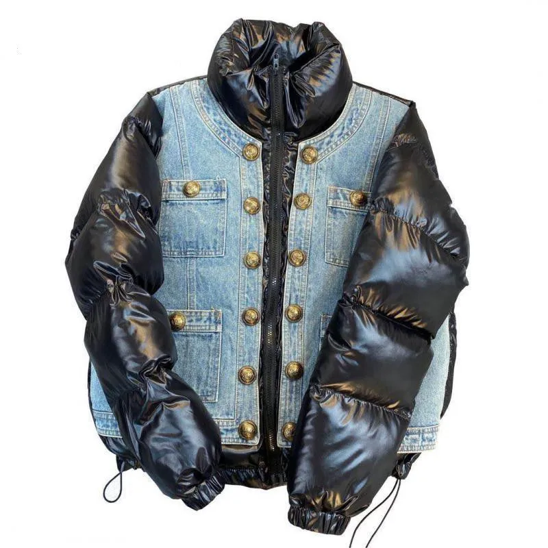 

Женская парка с длинным рукавом, парка с воротником-стойкой, джинсовая парка с имитацией двух женских зимних пальто и куртки, модная одежда ...