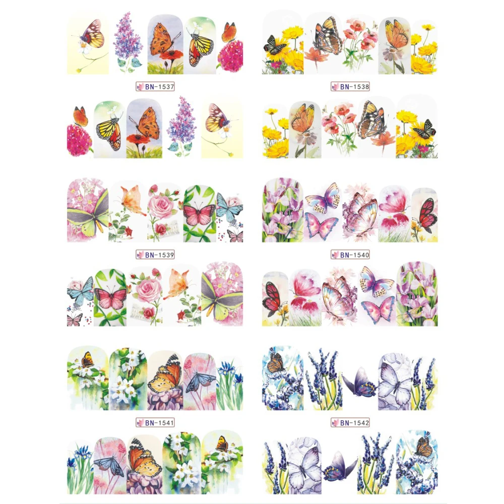 12 дизайнов красочных прекрасных наклеек для ногтей с цветами, бабочками и водным деколем MYBN1537-1548 на.