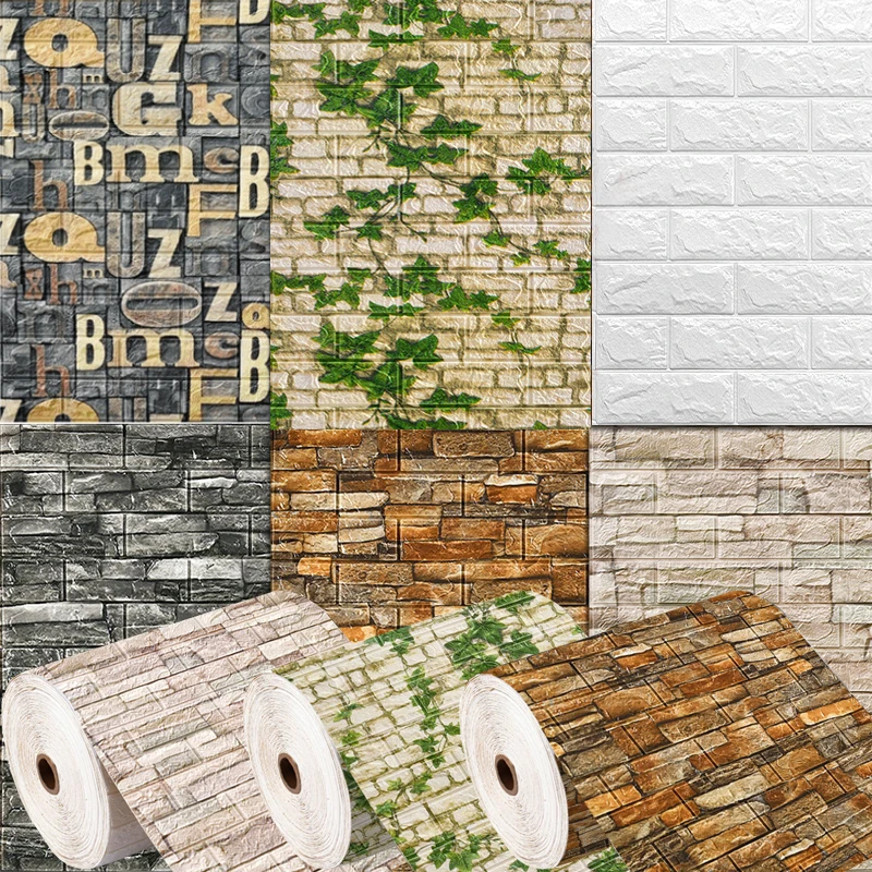 

70X1CM House Decoration 3D PVC Wall Stickers Paper Brick Stone Wallpaper DIY Rustic Effect Self adhesive Home Decor Sticker