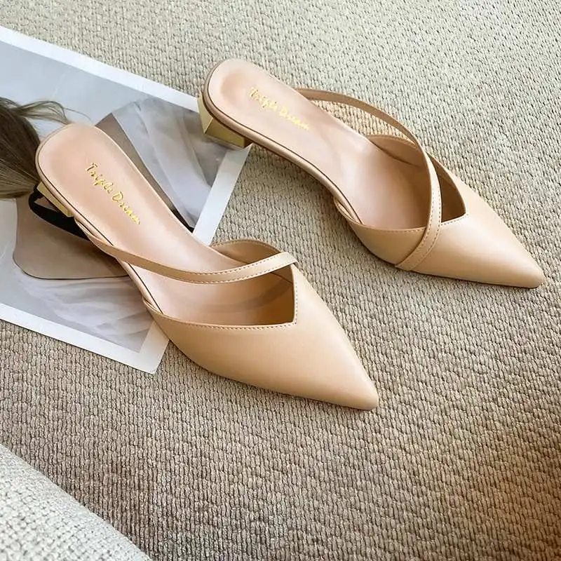 

Krazing Pot genuine leather strange style med heels summer luxury pointed toe dress slip on mules women streetwear sandals L16