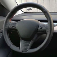 car steering wheel cover soft hand stitched black genuine leather for tesla model 3 2017 2019 braid on the steering wheel