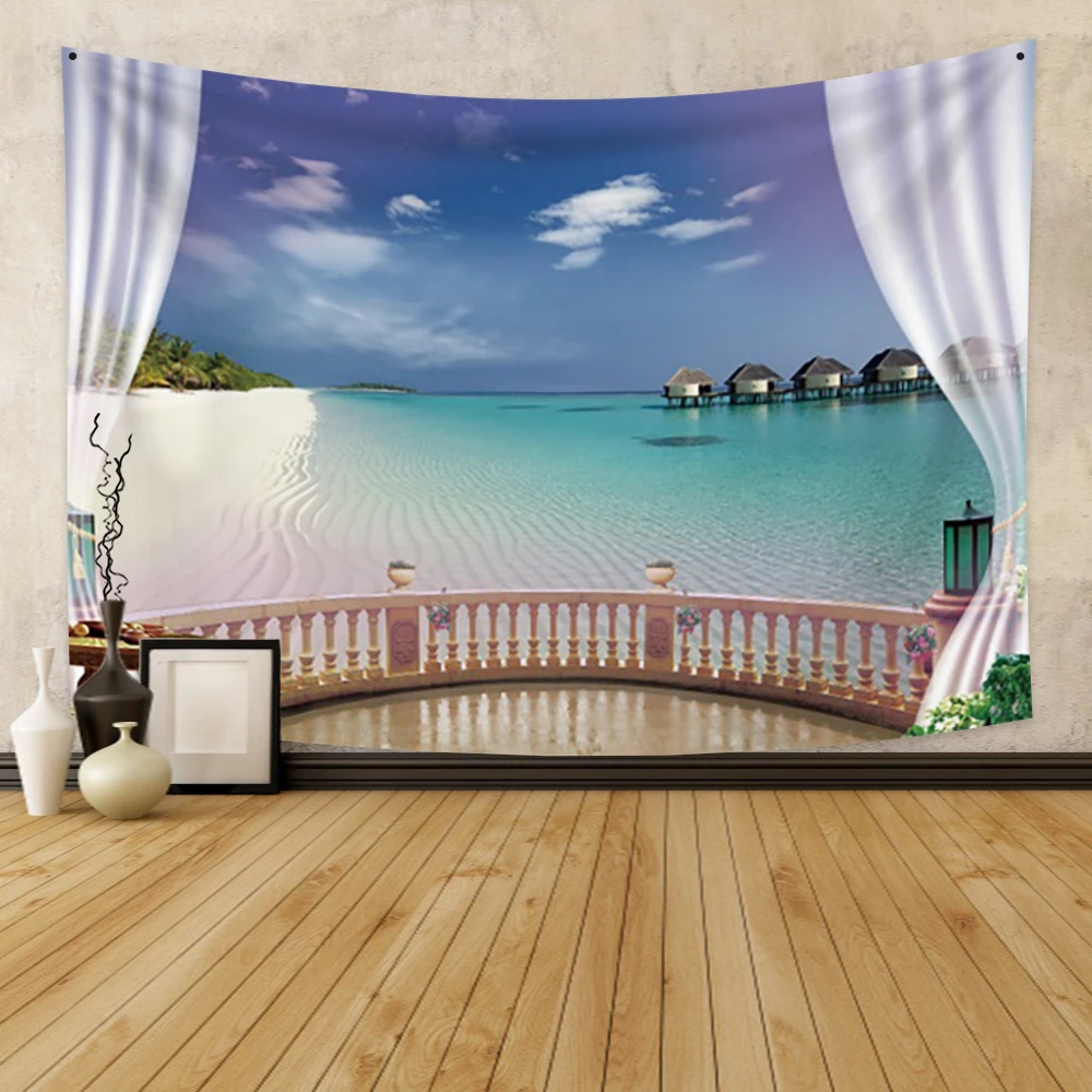 

Laeacco Fashion Tapestry Sea View Landscape Curtain Wave Wall Hangings Decor For Bedroom Restaurant Living Room Dorm College