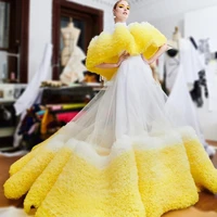 temperament prom dresses high neck cap sleeve see through ball gown sweep train yellow and white tulle evening dress custom made