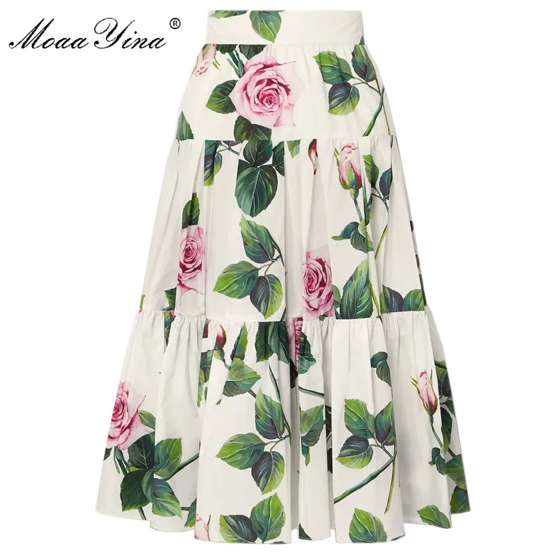MoaaYina Summer Women Rose Floral-Print Elegant Cotton skirt