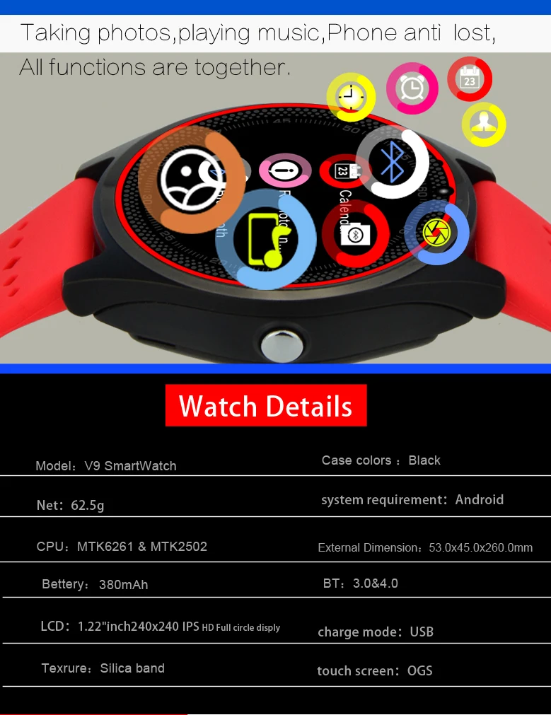 EnohpLX Смарт-часы V9 поддержка sim-карты 2G камера Спорт Здоровье MP3 Музыкальные часы