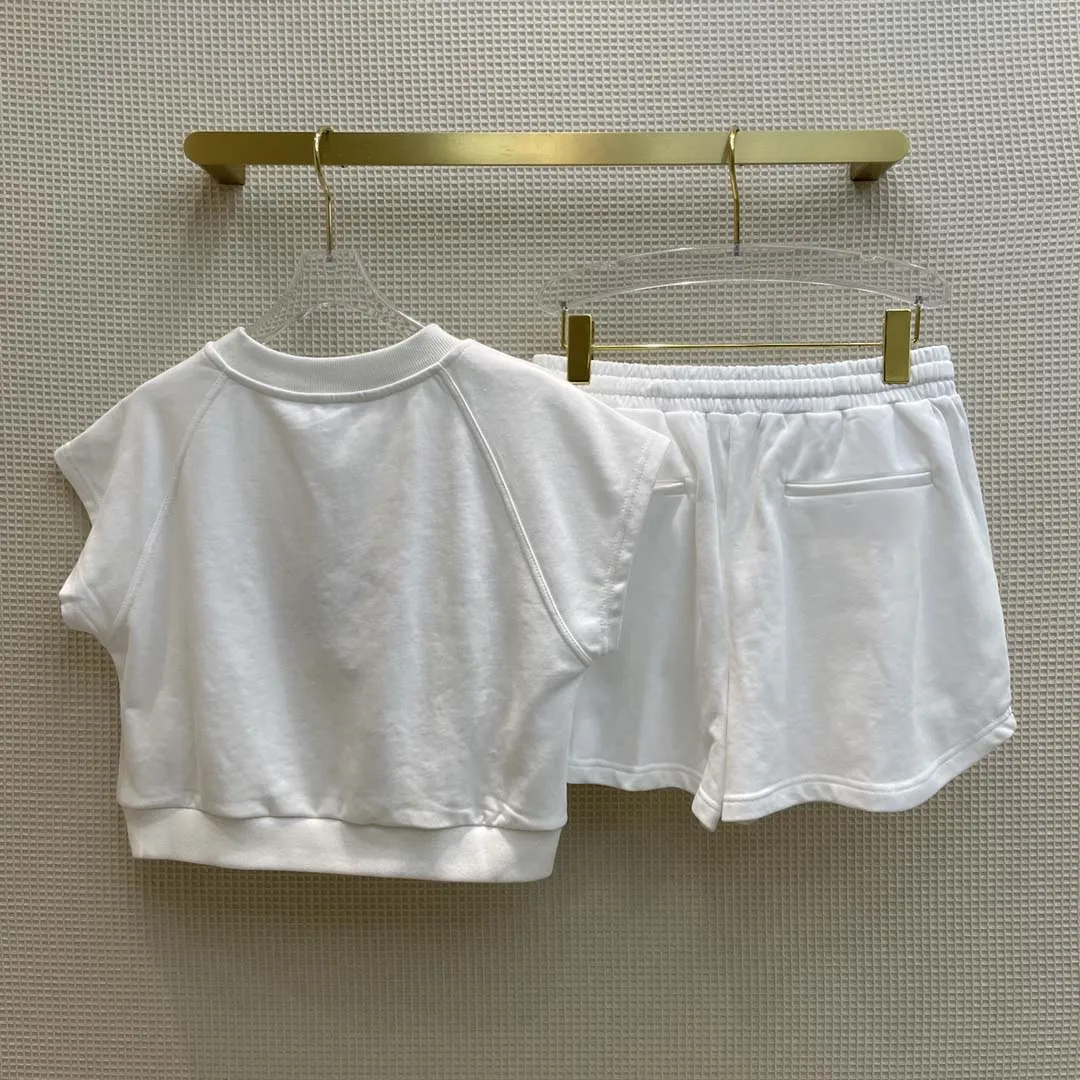 Beach Style Solid Shorts Sets for Women Summer High-end Brand Letter Print O-neck Bat Sleeve Tops with Elastic Waist Shorts Lady