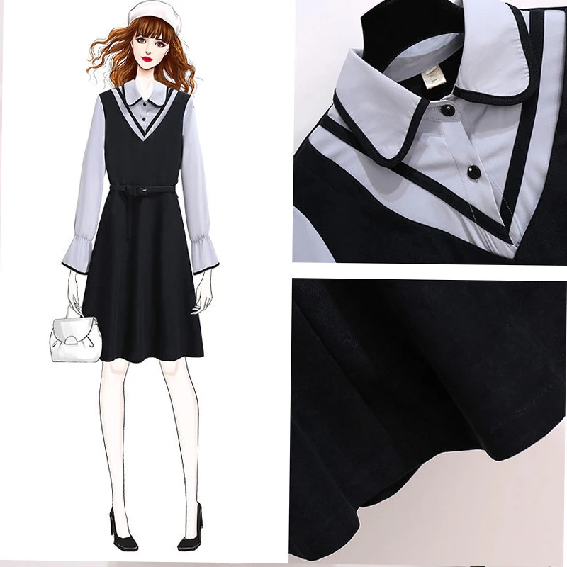 

Women's Spring Autumn Dress Women's Button Patchwork Lantern Sleeve Turn-Down Collar Korean Elegant Dress AA3497