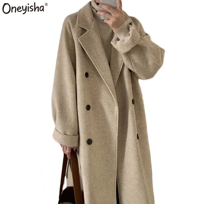 

Женское шерстяное пальто с поясом, длинное теплое винтажное пальто из искусственной шерсти с длинным рукавом, Осень-зима 2021