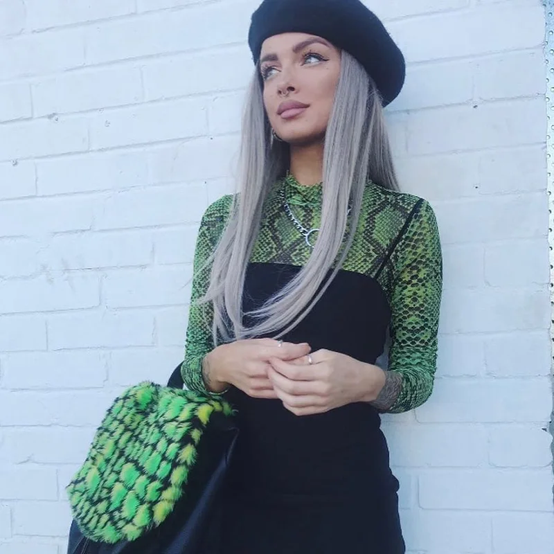 Женские футболки с длинным рукавом LAISIYI тонкие облегающие принтом змеи Топы 90s