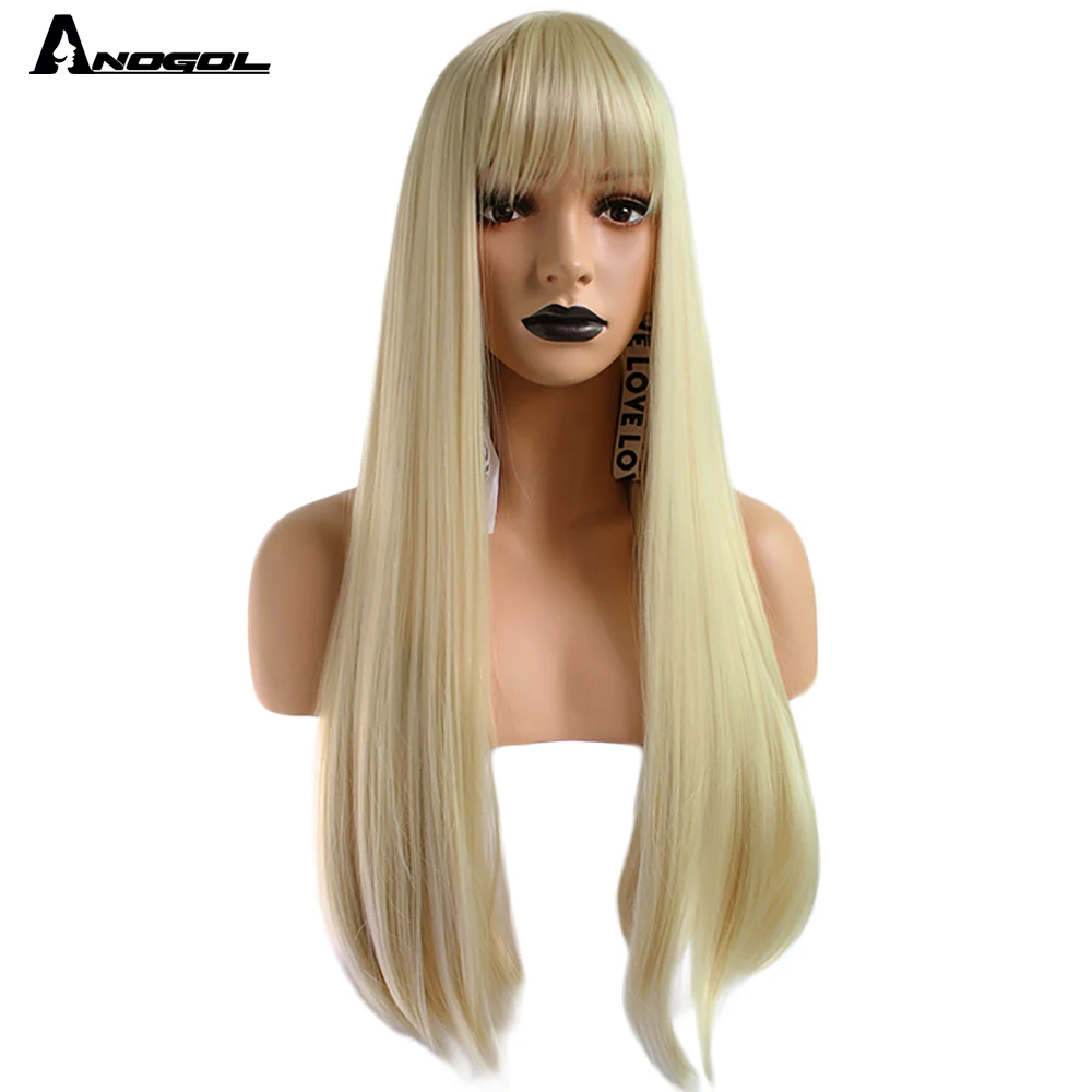 Аногол Высокая температура волокна перука длинные прямые Платиновые светлые