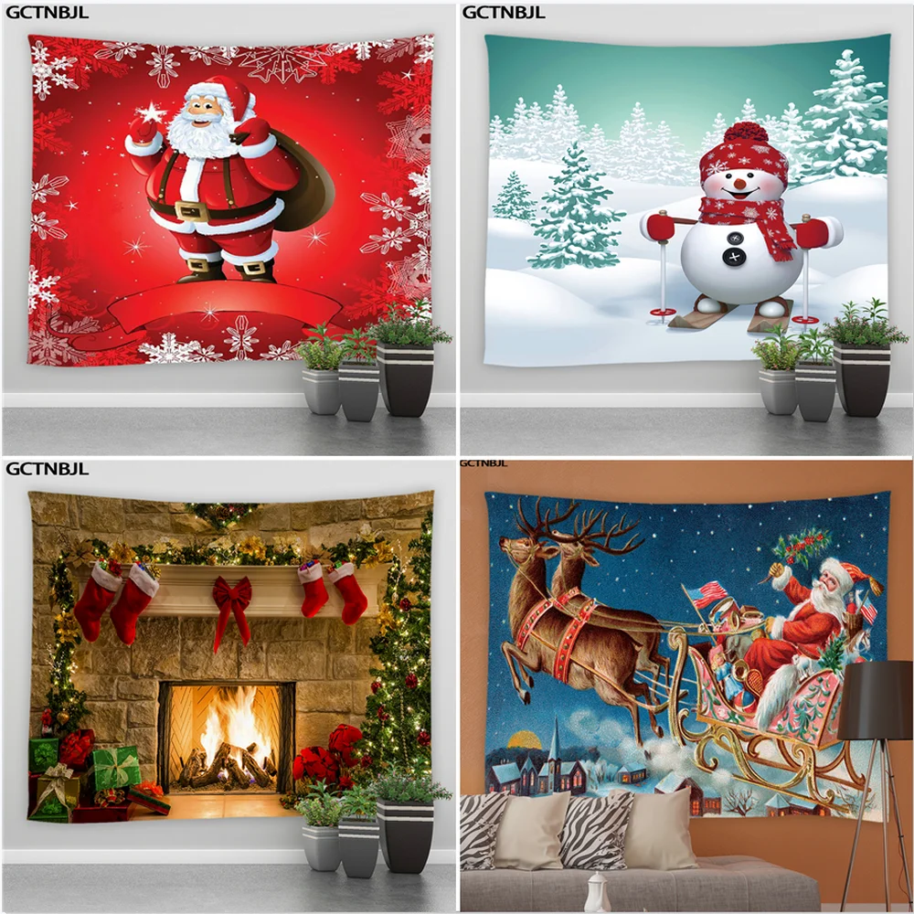 

Christmas Wall Hanging Tapestry Santa Claus Fireplace Elk Tree Living Room Cartoons Tapestries Hippie Bedroom Background Cloth