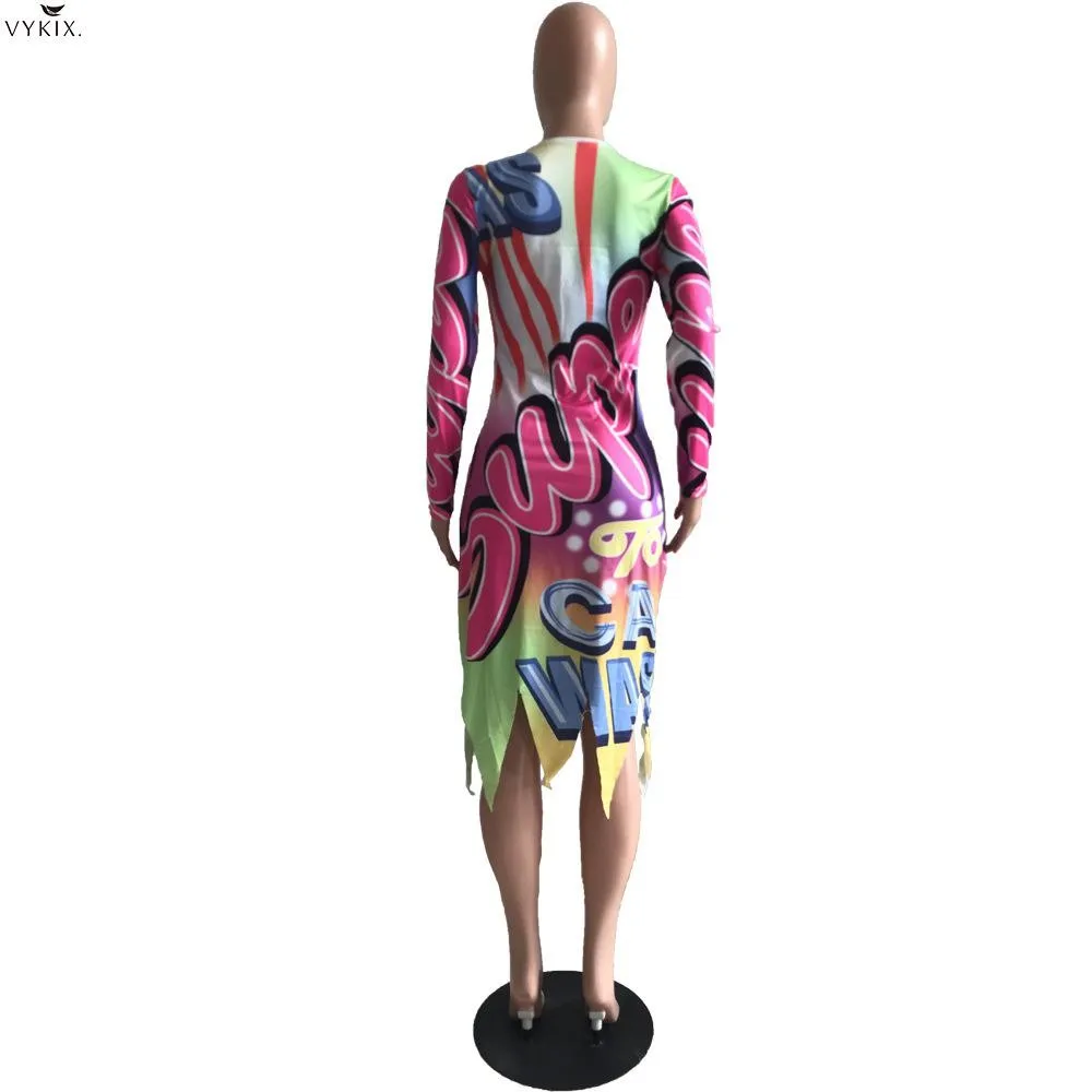 

Winter Letter Graffiti Print Deep V-neck Bodycon Midi Dress Long Sleeve Cut Out Tassel Elegant Clubwear Sexy Party Women Dresses