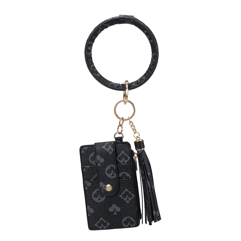 

New Vintage Print Leather Coin Purse Women Card Holder Wallet With O Bracelet Key Chain Circle Tassel Wristlet Gifts for Ladies