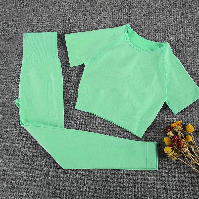

2 Pcs Women Seamless Yoga Set Sports Suits Gym Clothing Short Sleeve Crop Top Shirts High Waist Running Leggings Tracksuits