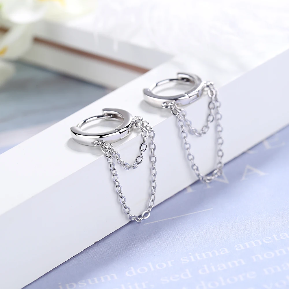 

YH-ZL Punk Style Double Layer Chain Hoop Earring 925 Sterling Silver Gold Silver Color Ear Jewelry For Women Party Show