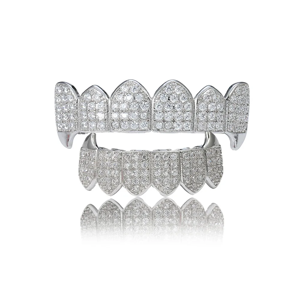 

Hip Hop Grillz Iced Out AAA Zircon Fang Mouth Teeth Grillz Caps Top & Bottom Grill Set Men Women Vampire Grills For Men's Rapper