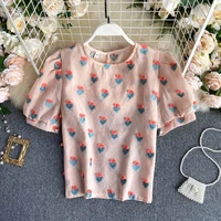 2020 new korean women sweet blouses sweet flower embroidery female shirts preppy style chic o neck puff sleeve blusas mujer