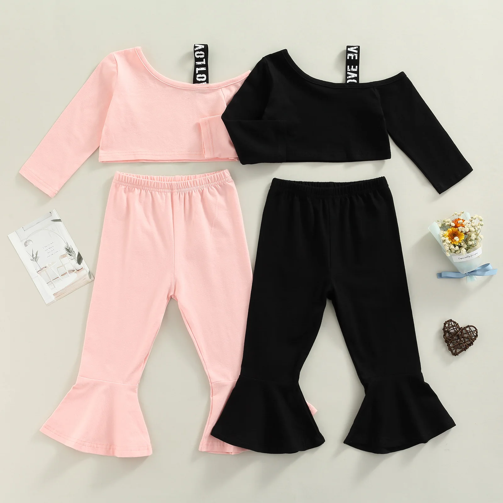 

2 Pieces Kids Suit Set Letter Print Long Sleeve Off Shoulder Tops+ Solid Color Flared Trousers for Spring Fall 1-5 Years