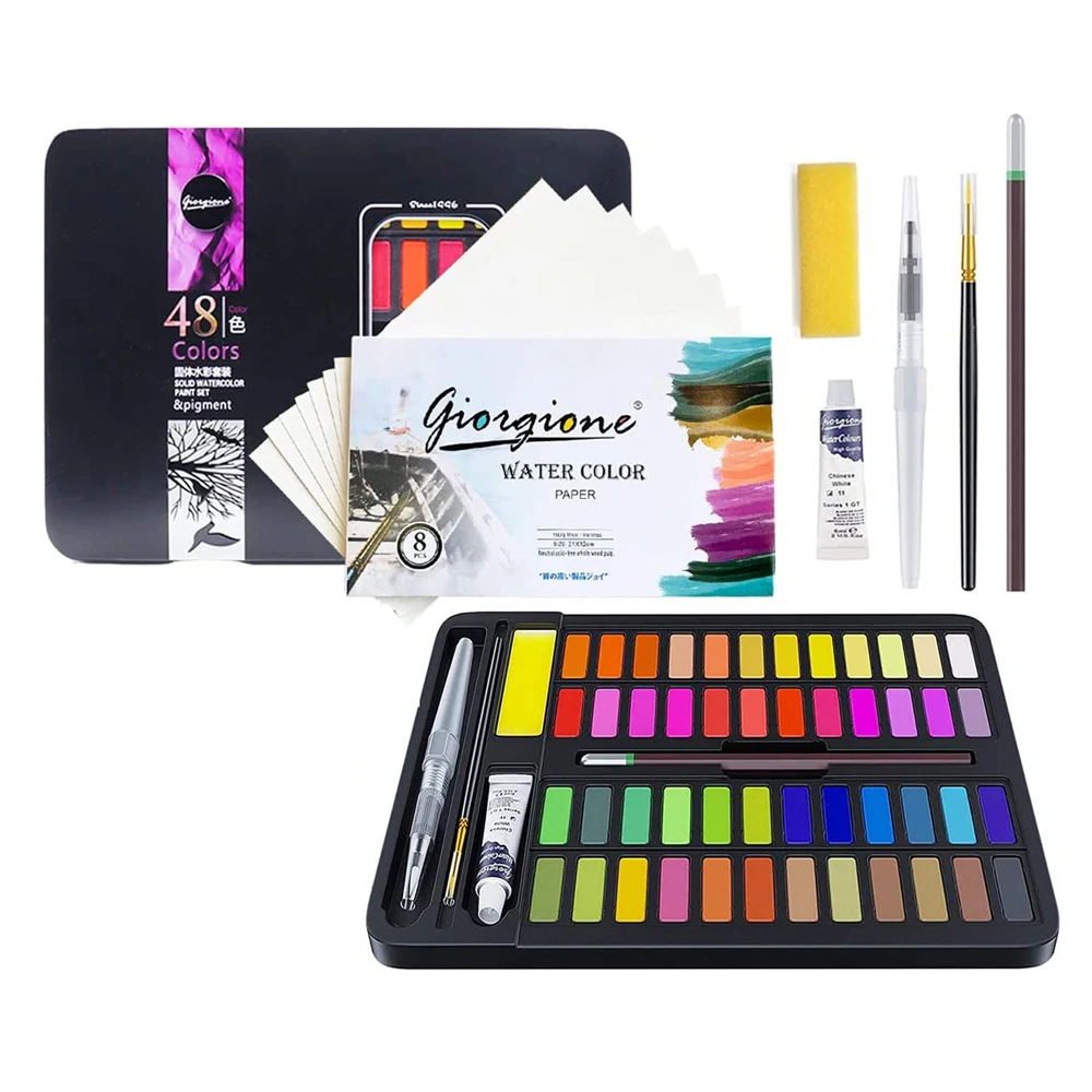 

48 Colors Watercolor Paint Box Set with Water Color Papers Refillable Water Brush Pens White Watercolor Paper