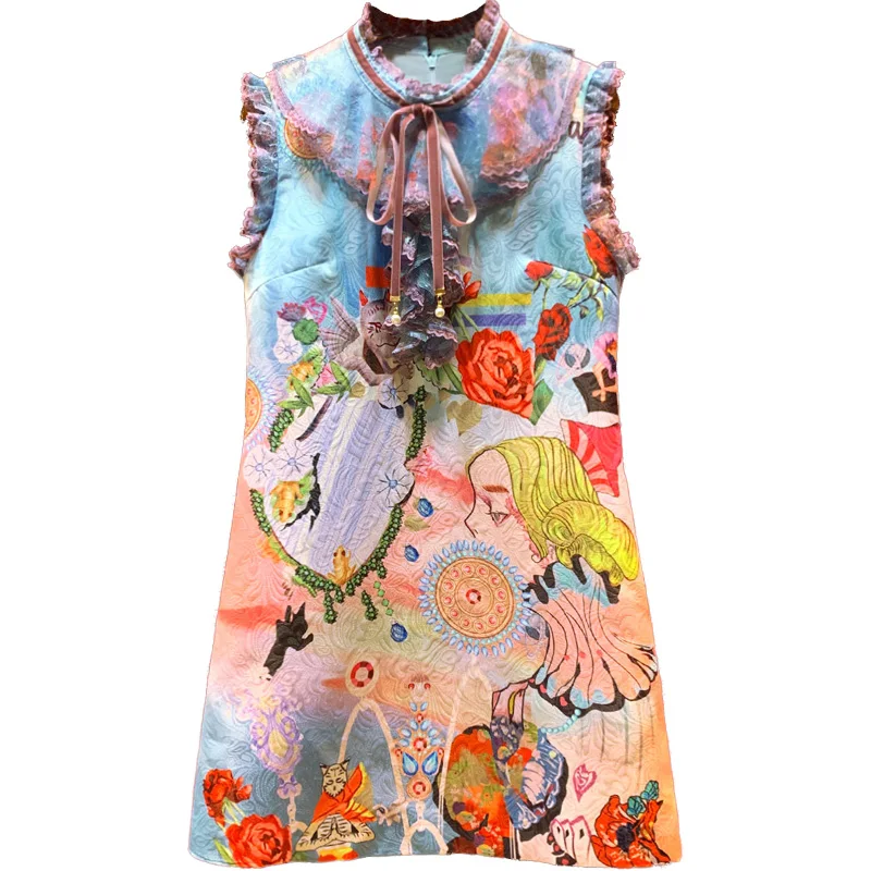 

New European Station Early Autumn Retro Cartoon Printed Lace Stitching Slim A shaped Dresses