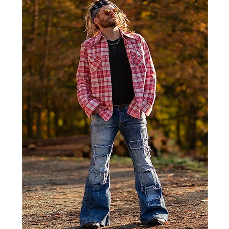 

Mens Flared baggy Jeans Bootcut Leg Pants Distressed Patchwork Jeans High Steet Vintage Punk Style Bell Bottom Denim Trousers