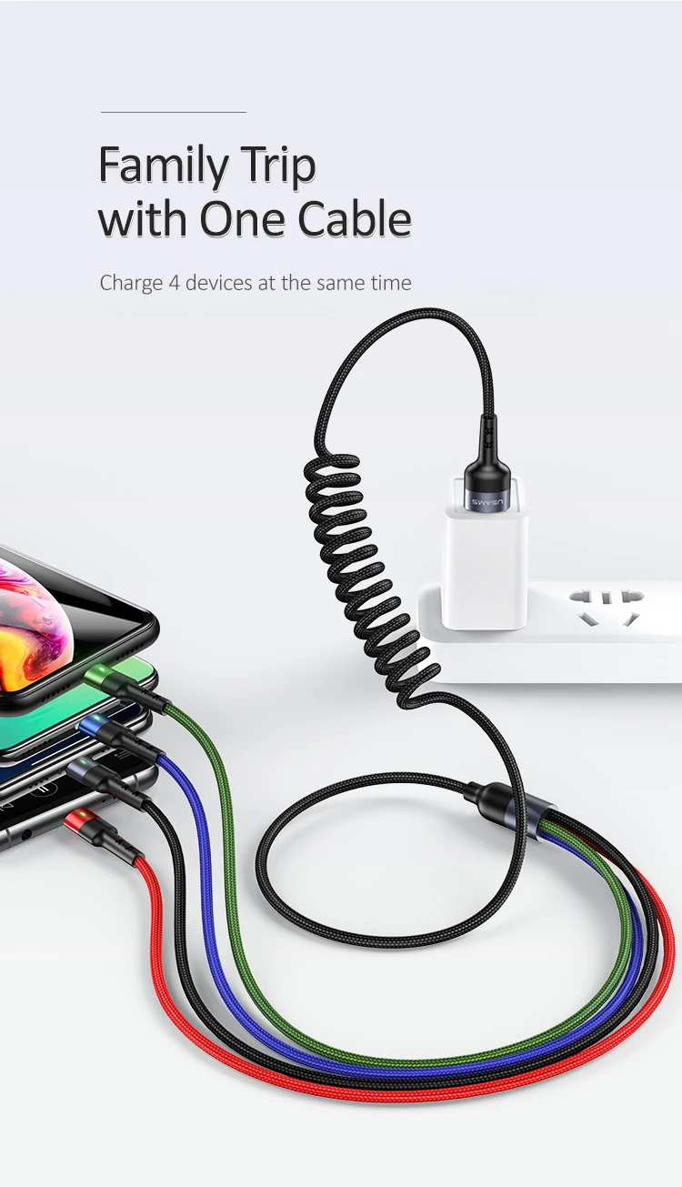 USAMS 4 в 1 мульти usb Кабель зарядного устройства для iPhone xs samsung huawei xiaomi линия зарядки для lightning micro usb type c кабель led