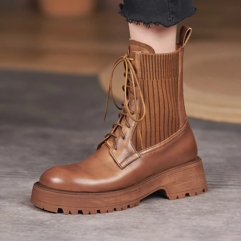 

Knitted Socks Boots Women Shoes 2021 Autumn Winter Short Booties Lace-up Casual Flats Martin Boot British Retro Zapatos Mujer