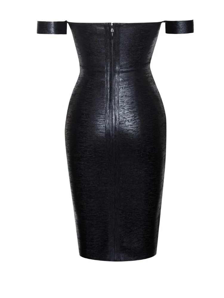 

High Quality Black Silver Off The Shoulder Keyhole Foiling Print Rayon Bandage Dress Elegant Club Party Dress Vestidos