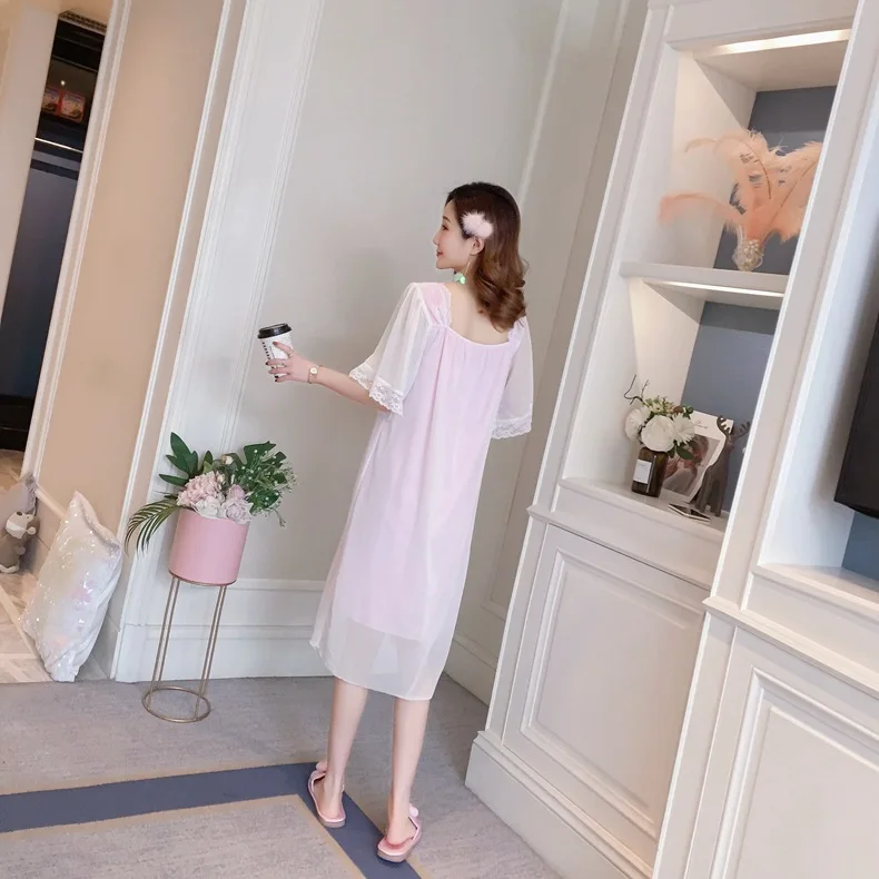 New lace nightdress women's summer short sleeve fresh princess style medium long dress sweet sexy nightgown court lady nightwear