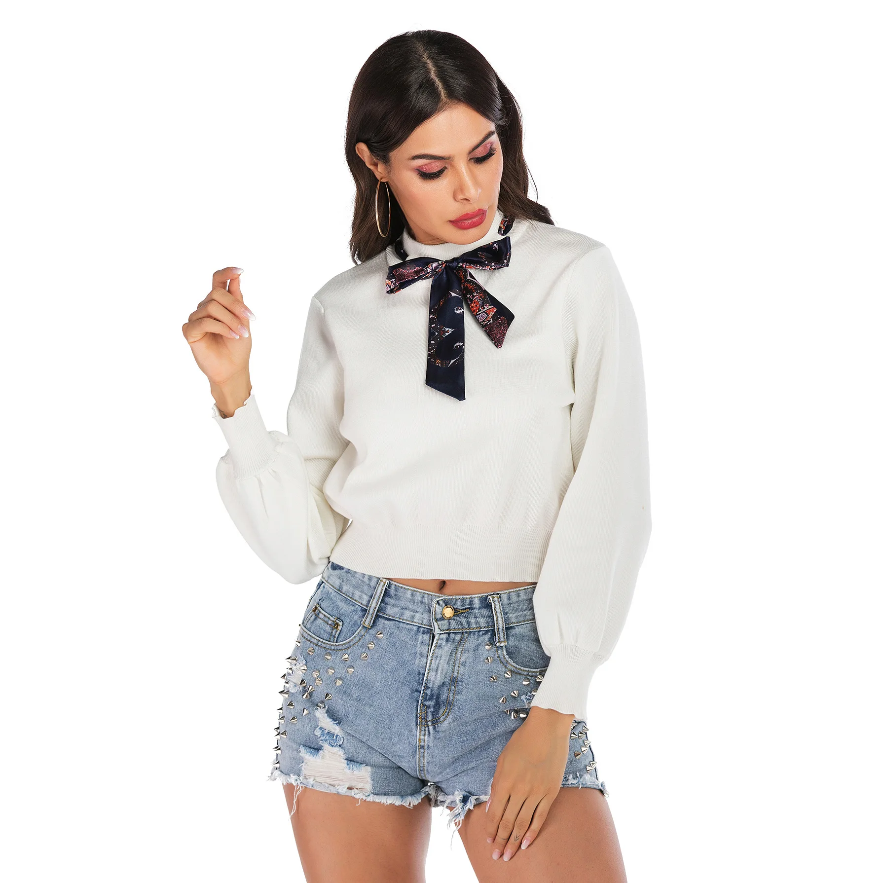 Новый пуловер свитер облегающий вязаный женский с длинным рукавом и бантом милая