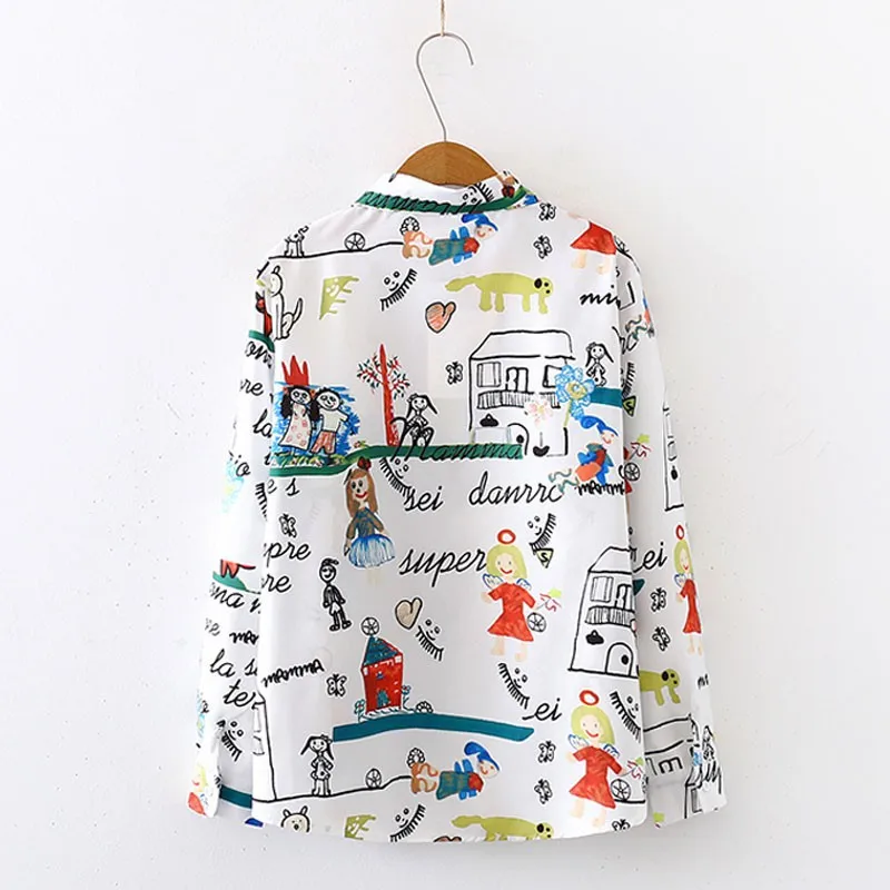 

Fashion Women Cartoon Print Shirt Casual Loose Blouse 2 Colors Female Turn-down Collar Long-sleeve Tops