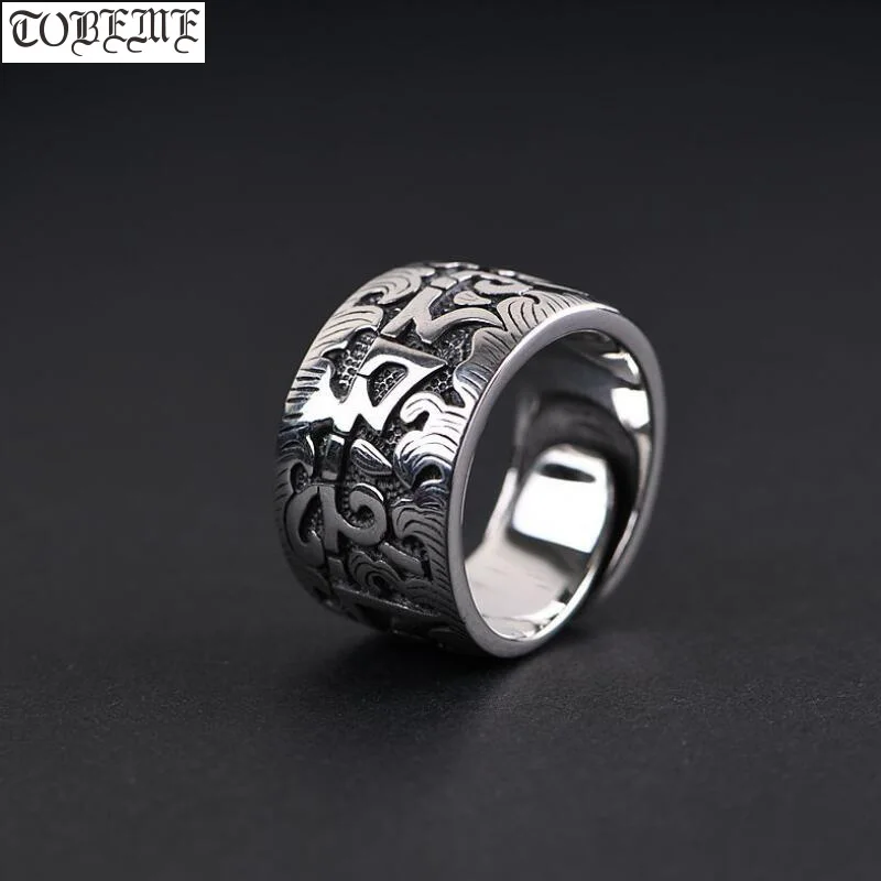 

Handcrafted 100% 925 Silver Tibetan Six Words Proverb Ring Buddhist OM Mani Padme Hum Ring Good Luck Man Ring Resizable
