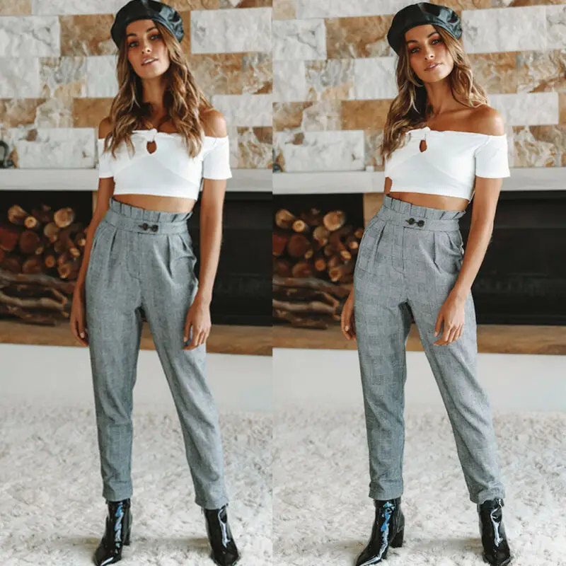 

Women Fashion Casual Long Pants Plaid Pencil Office Ladies Fashion Button Trousers Stretch Slim High Waist