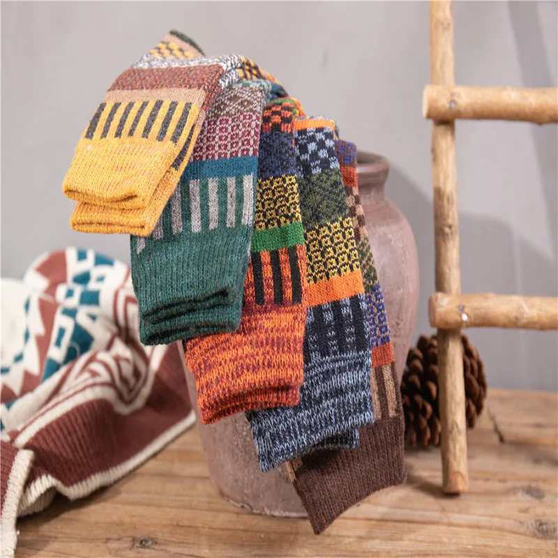 

5 Pairs Autumn Winter Nordic Socks Thick Knitted Two-Way Colorful Patten Crew Socks Men Women Thickened Wool Socks LXH