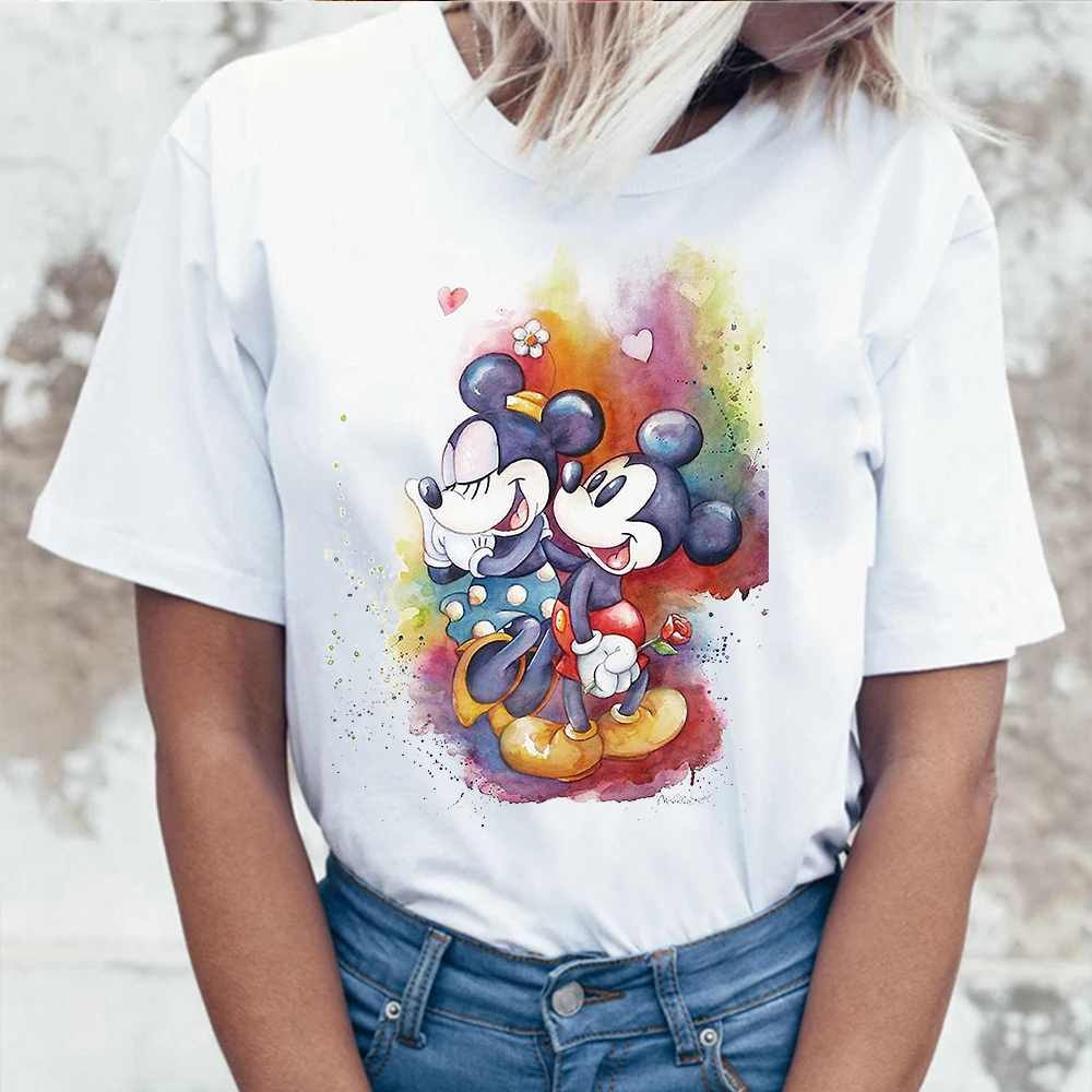 

Disney Funny Oversized T-shirt Mickey Mouse for Women O-Neck Art Painting Short Sleeve Cartoon Printing Tops New Casual Clothing
