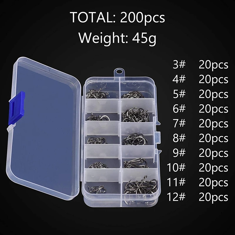 200PCS High Carbon Steel Barb Fishing Hook 10 Sizes (3 -12 ) Strong Custom Offset Sport | Спорт и развлечения