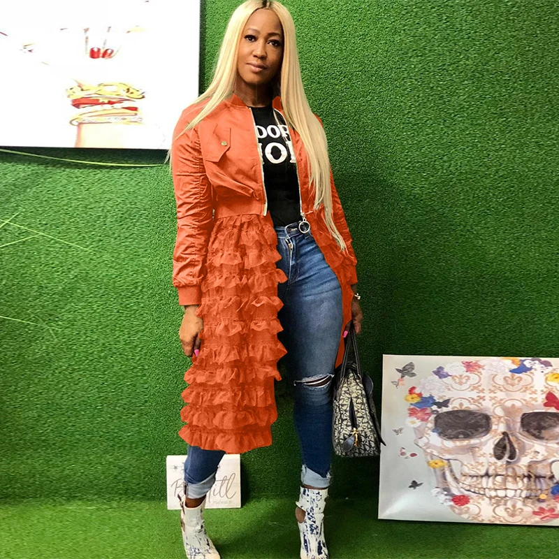 

Plus Size Extra-long Jacket Coats Sheer Mesh Ruffles Patchwork Zipper Coat Women Autumn Winter Long Sleeve Slim Jacket Outerwear