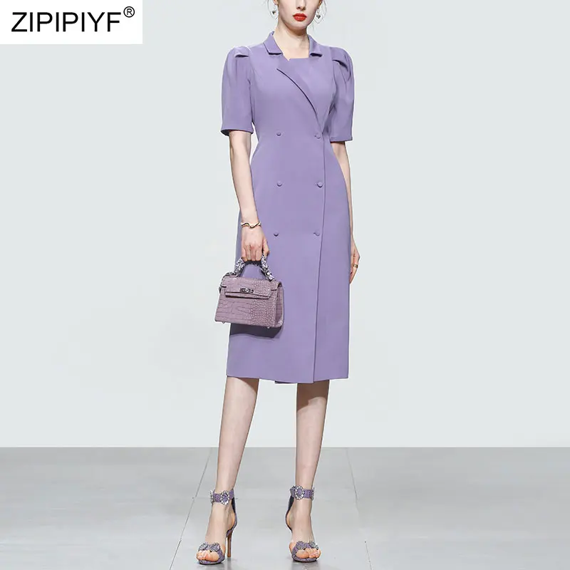 

2021 Summer Runway Fashion Noble Euro Style Notched Neck Short Puff Sleeve High Waist Double Breasted Office Lady Dresses Z092