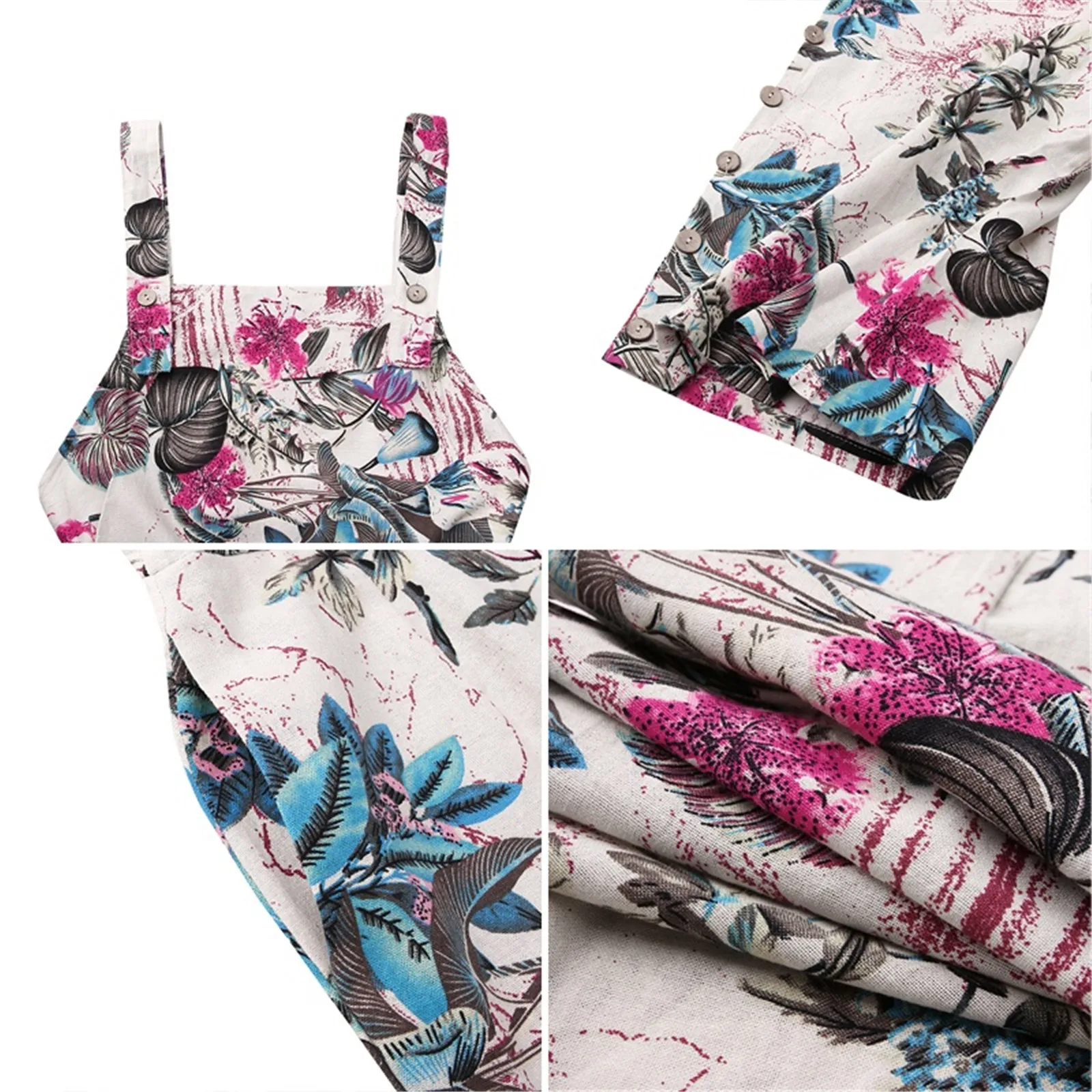 

3XL Womens Sleeveless Dungarees Rompers Floral Print Jumpsuit Loose Preppy Style Pants Casual Pocket Wide Leg Overalls Playsuits