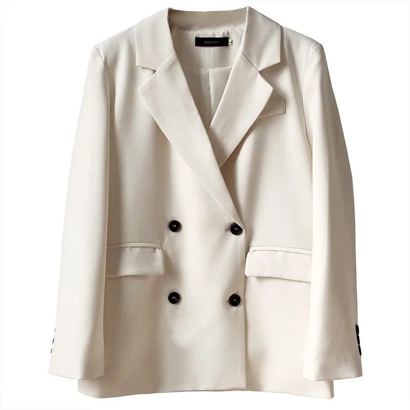 

Vintage White V Neck Blazer Women Fashion Spring Autumn Solid Lady Jacket Outerwear Long Sleeve Double Breasted Women Blazers