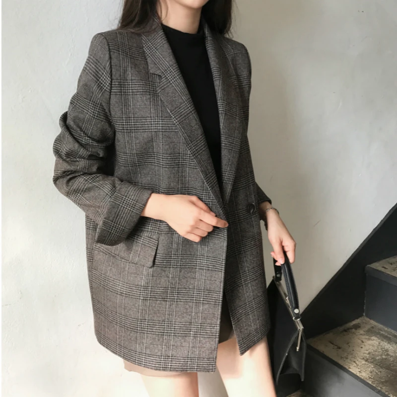 2019 New Autumn Women Jacket Double-row two-grain plaid suit jacket outwear casual turn down collar office blazer CA3463 | Женская